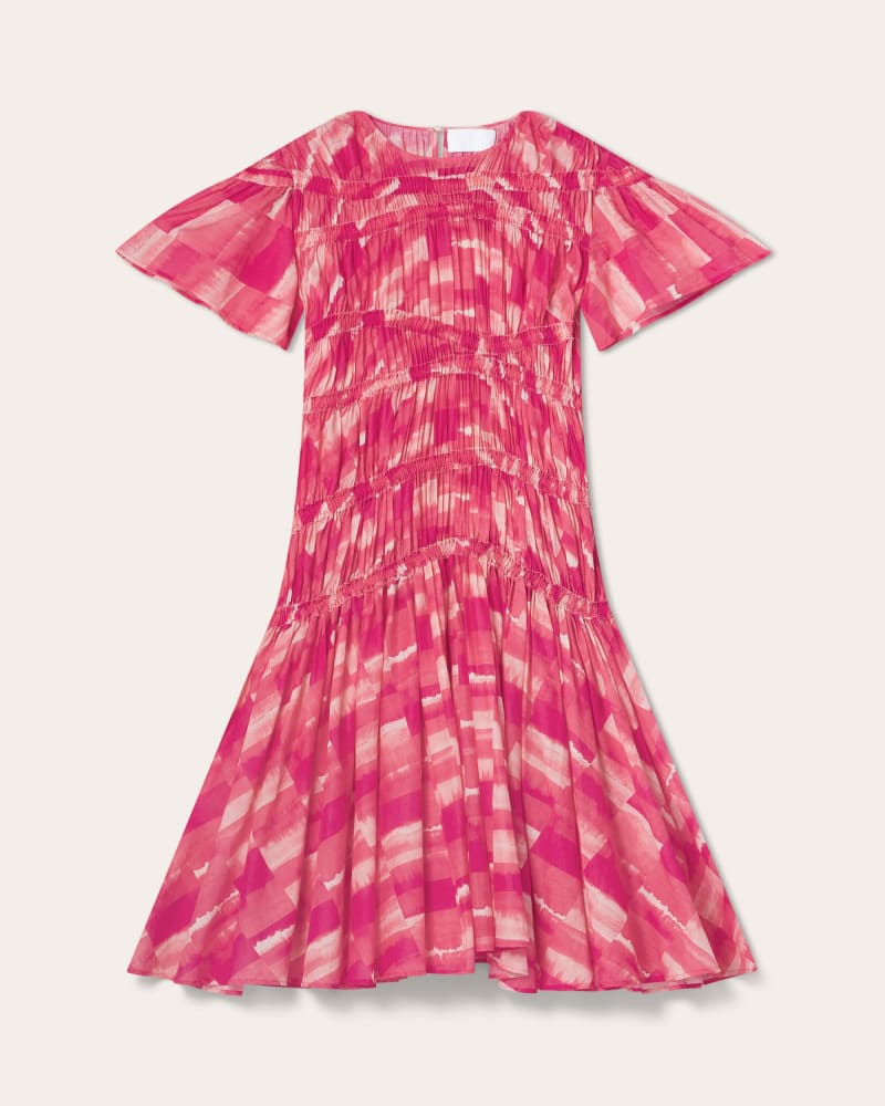 Front of a size XXL Seraphine Dress in Pink Patchwork Print by Merlette. | dia_product_style_image_id:348381